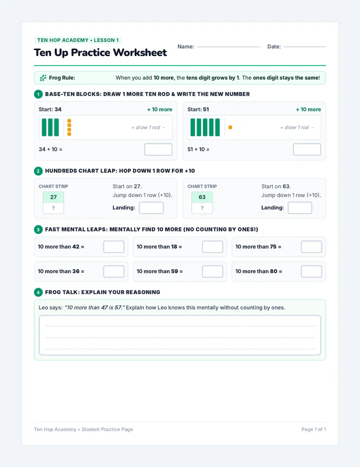 Ten Up Practice Worksheet