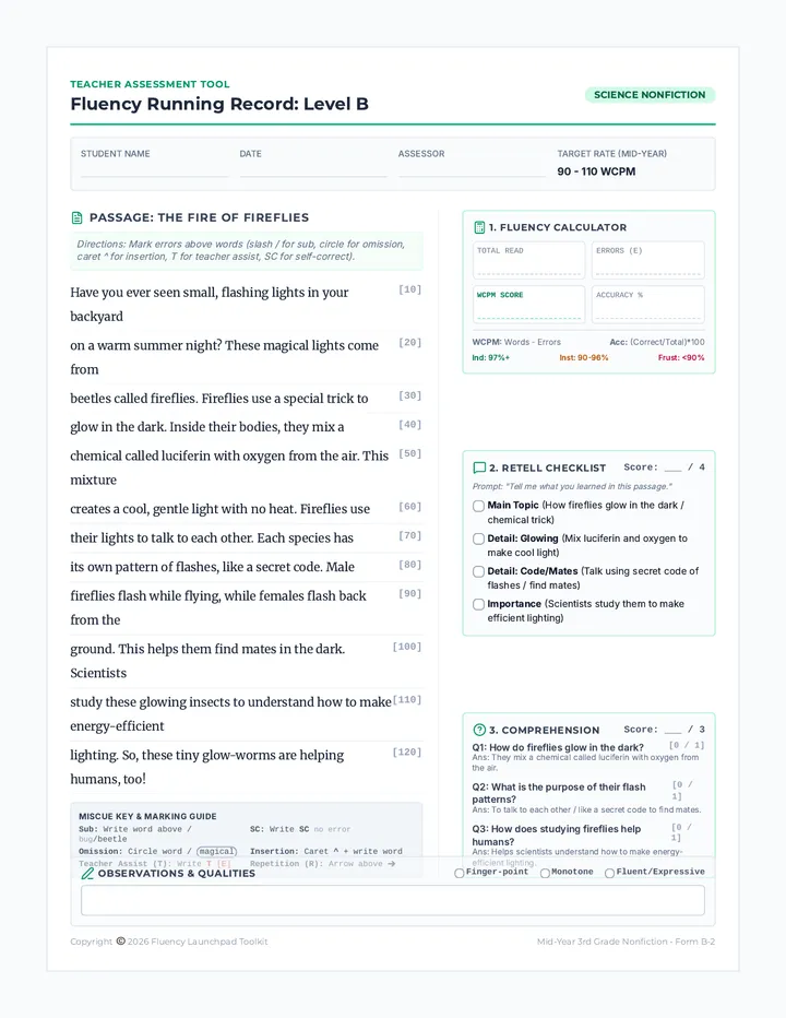 Nonfiction Running Record Teacher Sheet Two