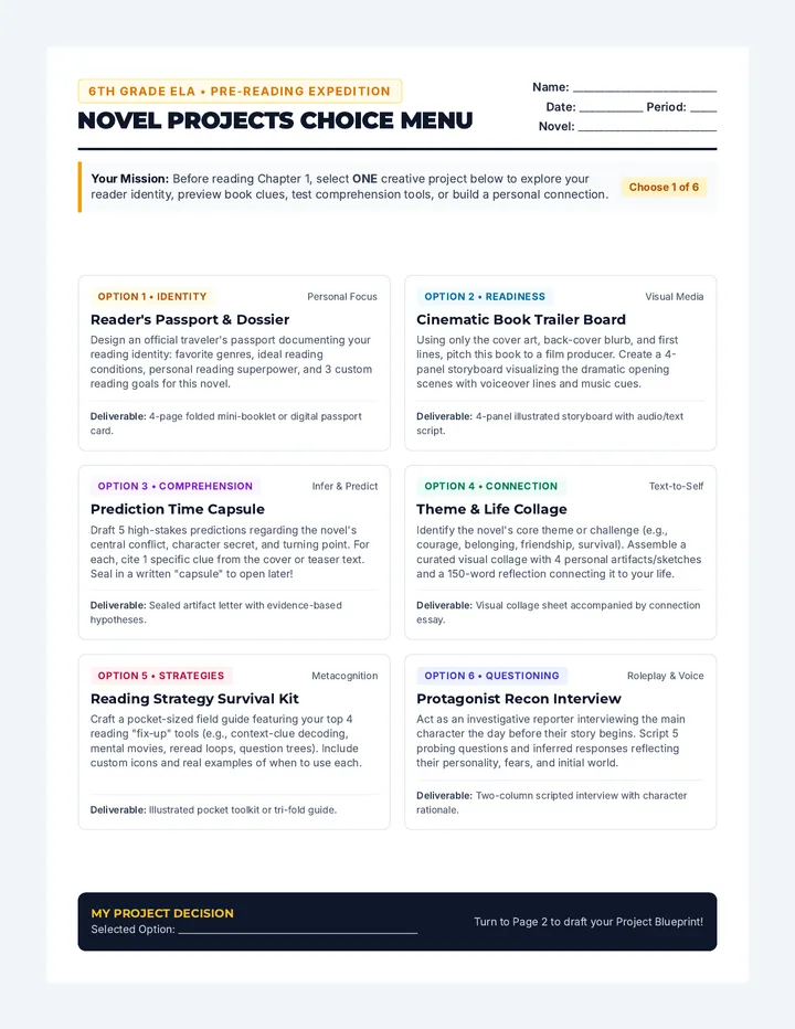 Novel Projects Choice Menu