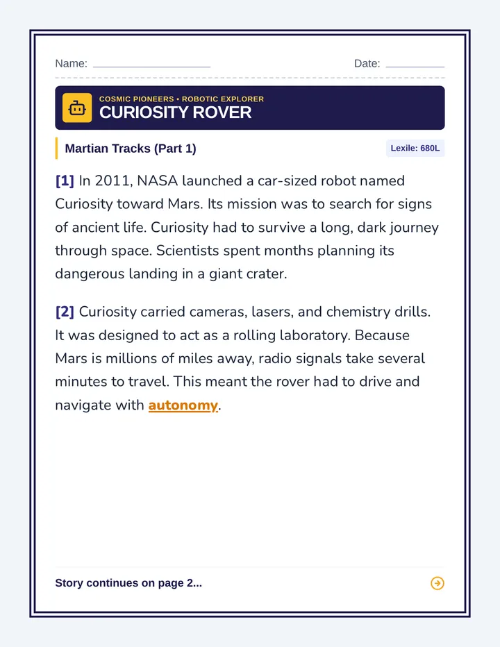 Curiosity Rover Worksheet