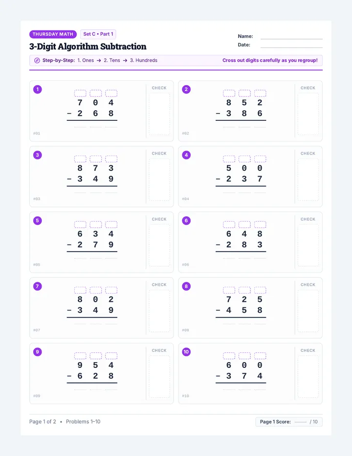 Thursday Subtraction Packet