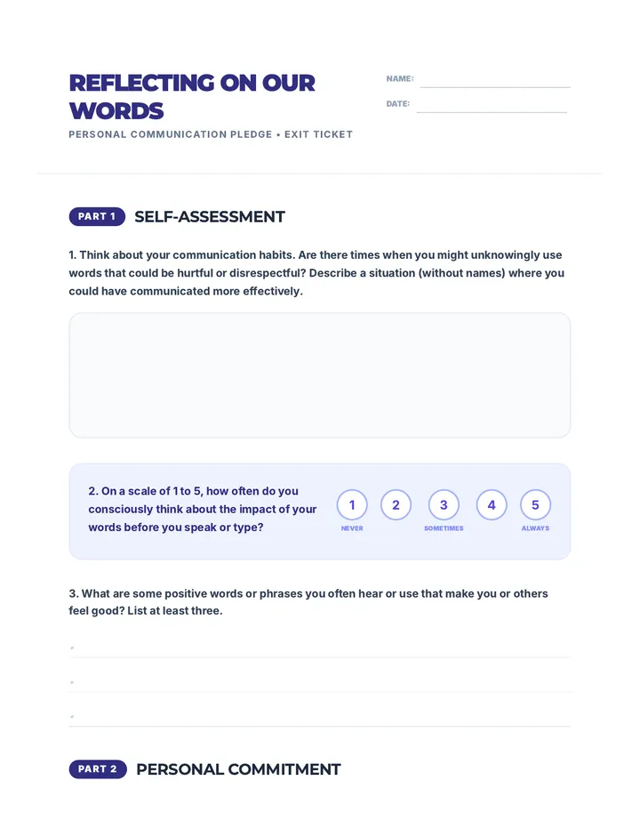 Reflecting on Our Words Worksheet