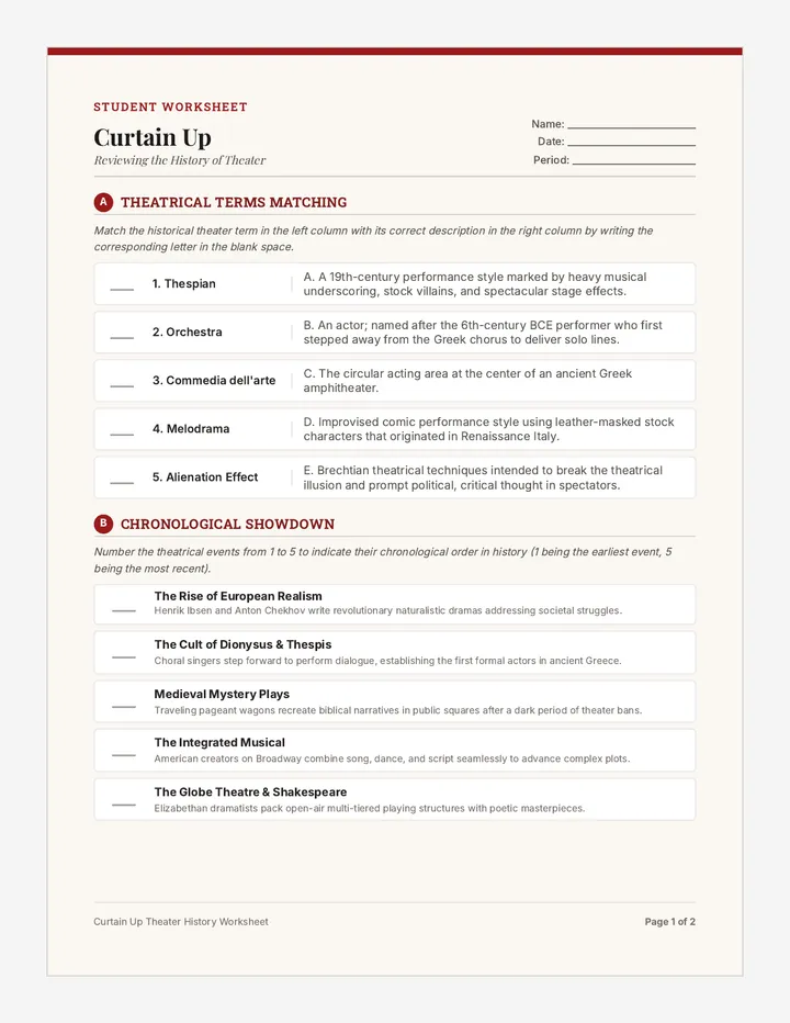 Curtain Up Worksheet