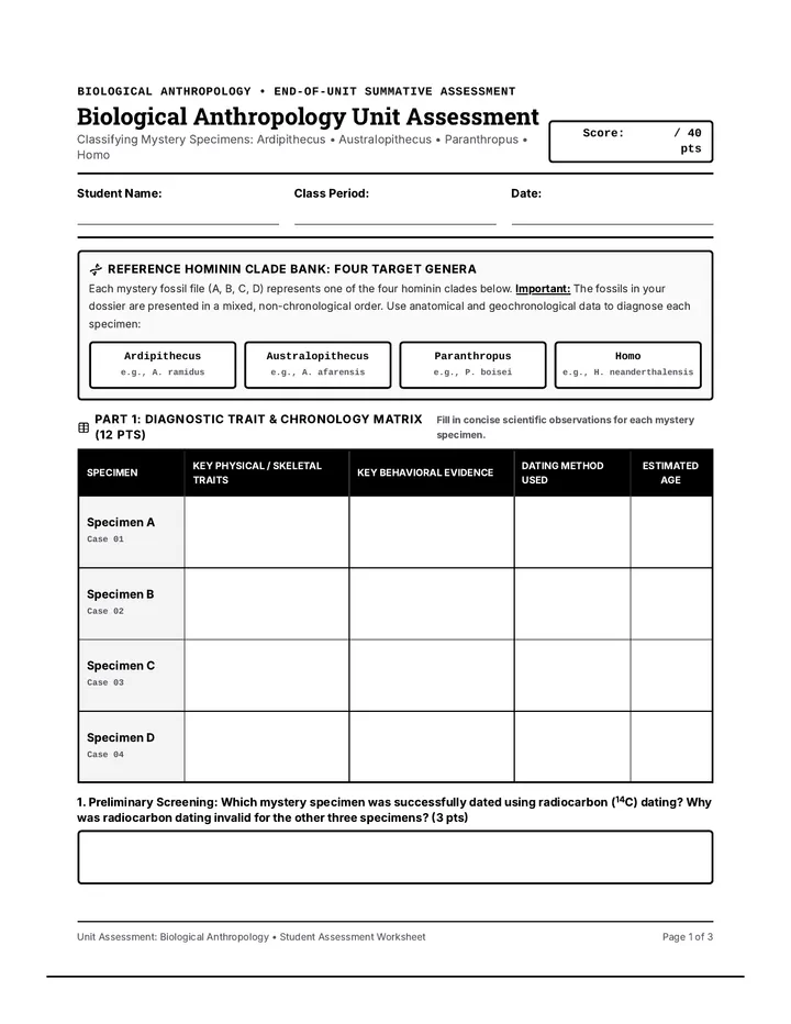 Fossil Argument Assessment Worksheet