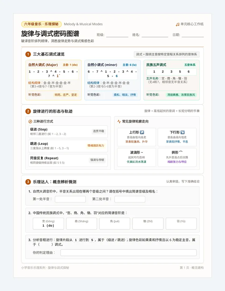 旋律调式探索 工作纸