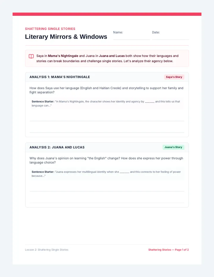 Single Story Shattered Worksheet