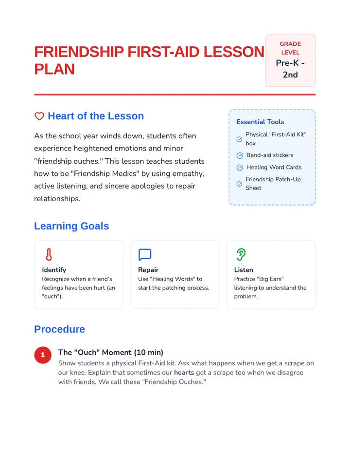 Friendship First Aid Lesson Plan