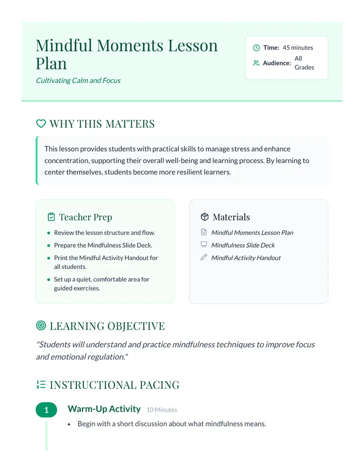 Mindful Moments Lesson Plan Teacher Guide