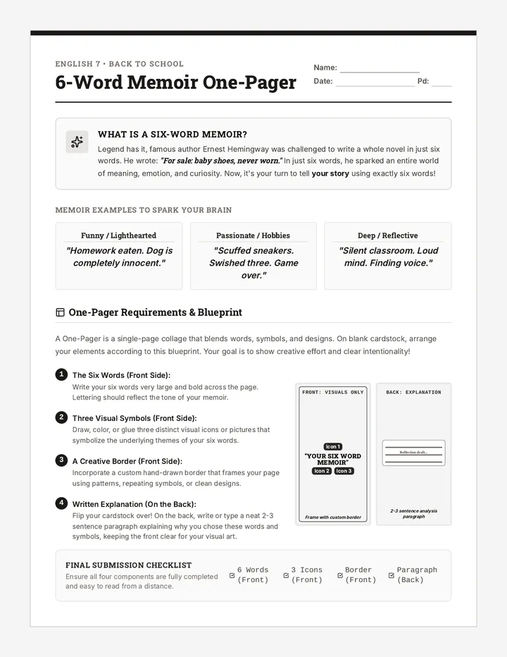 Micro Memoirs Project Sheet