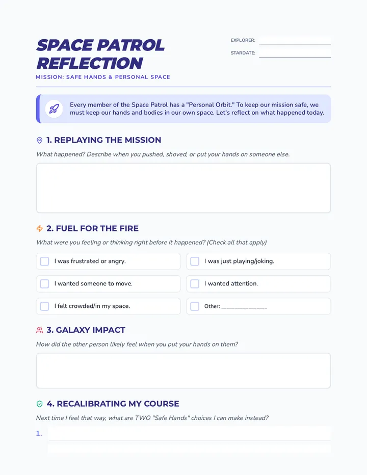 Space Patrol Reflection Worksheet page 1