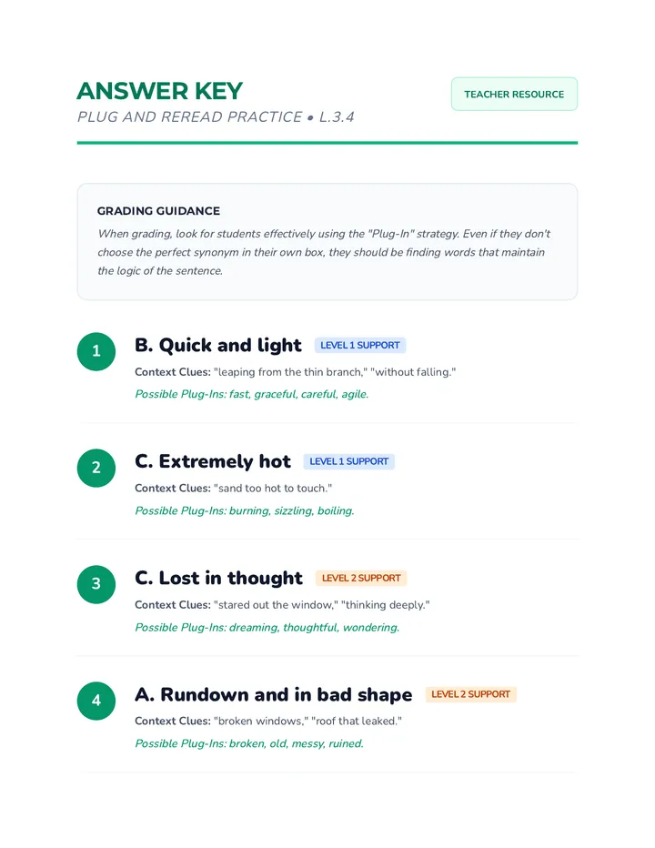 Plug and Reread Answer Key