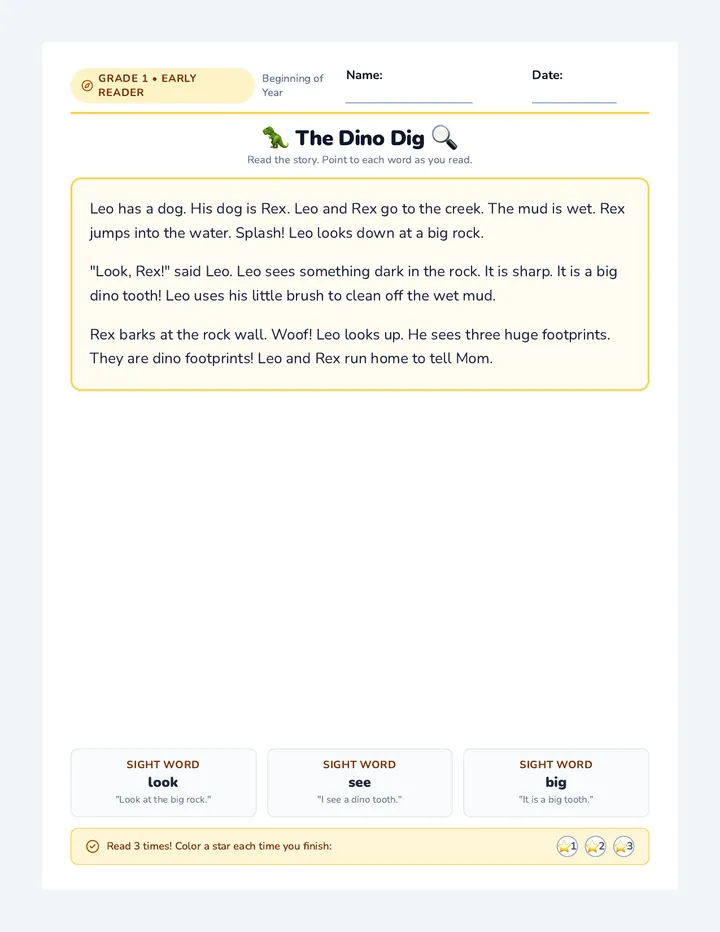 Dino Dig Reading Worksheet