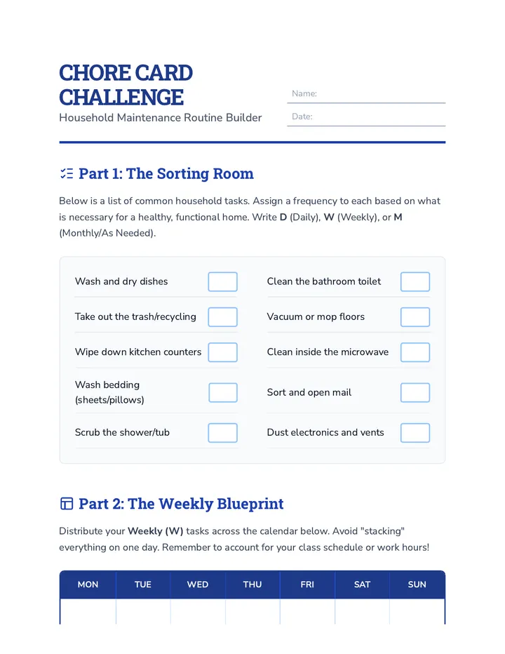 Chore Card Challenge Worksheet