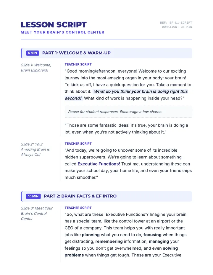Brain Control Center Lesson Script