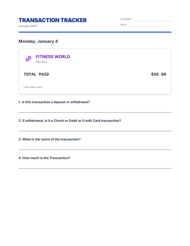 January Transaction Tracker Worksheet Complete