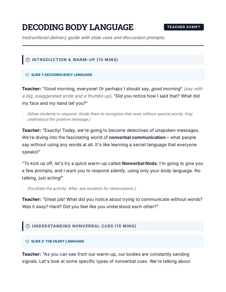 Body Language Instructional Script