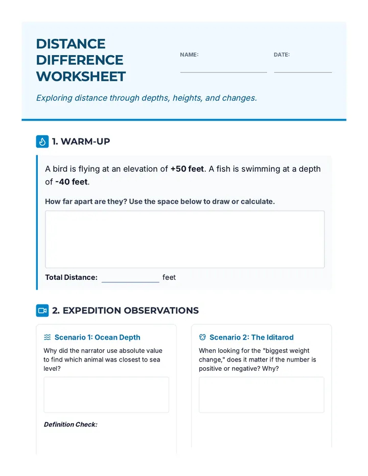 Distance Difference Worksheet