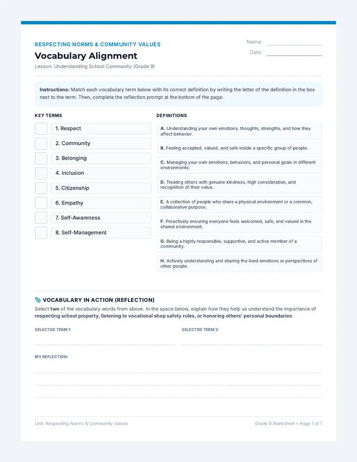 Understanding School Community Vocabulary Worksheet