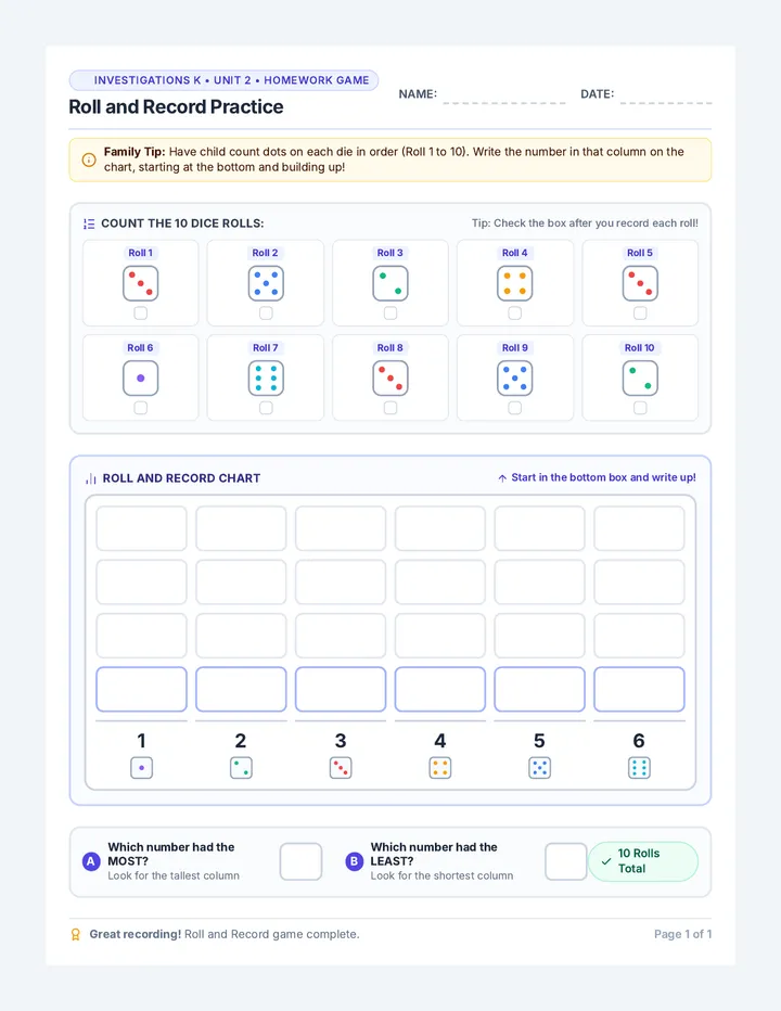 Roll and Record Homework Worksheet