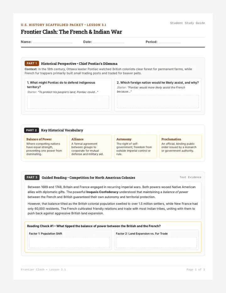 Frontier Clash Scaffolded Worksheet