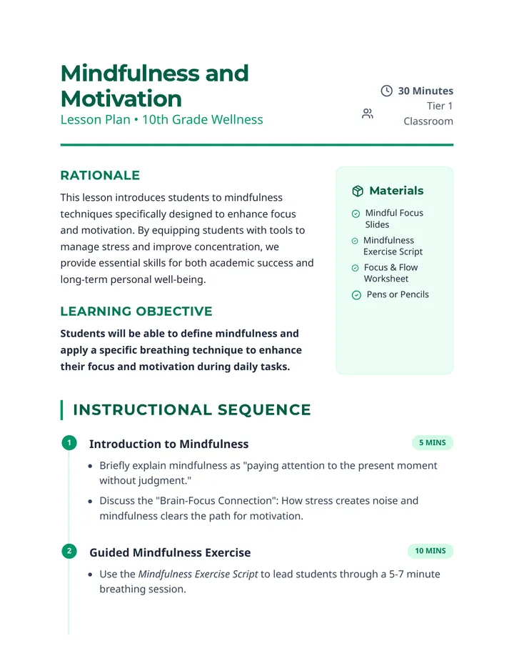 Mindfulness Motivation Lesson Plan