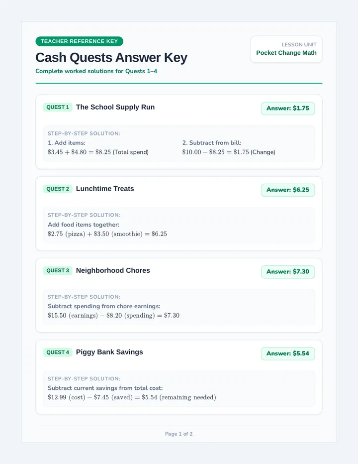 Cash Quests Answer Key