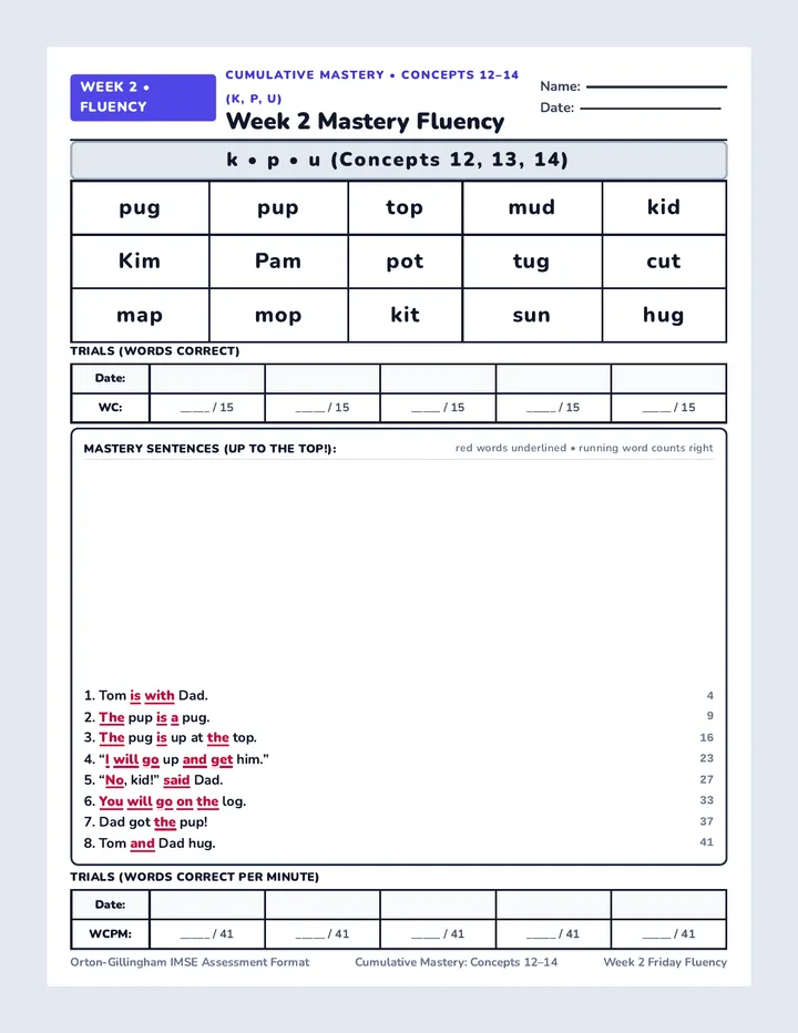 Week 2 Friday Fluency Sheet