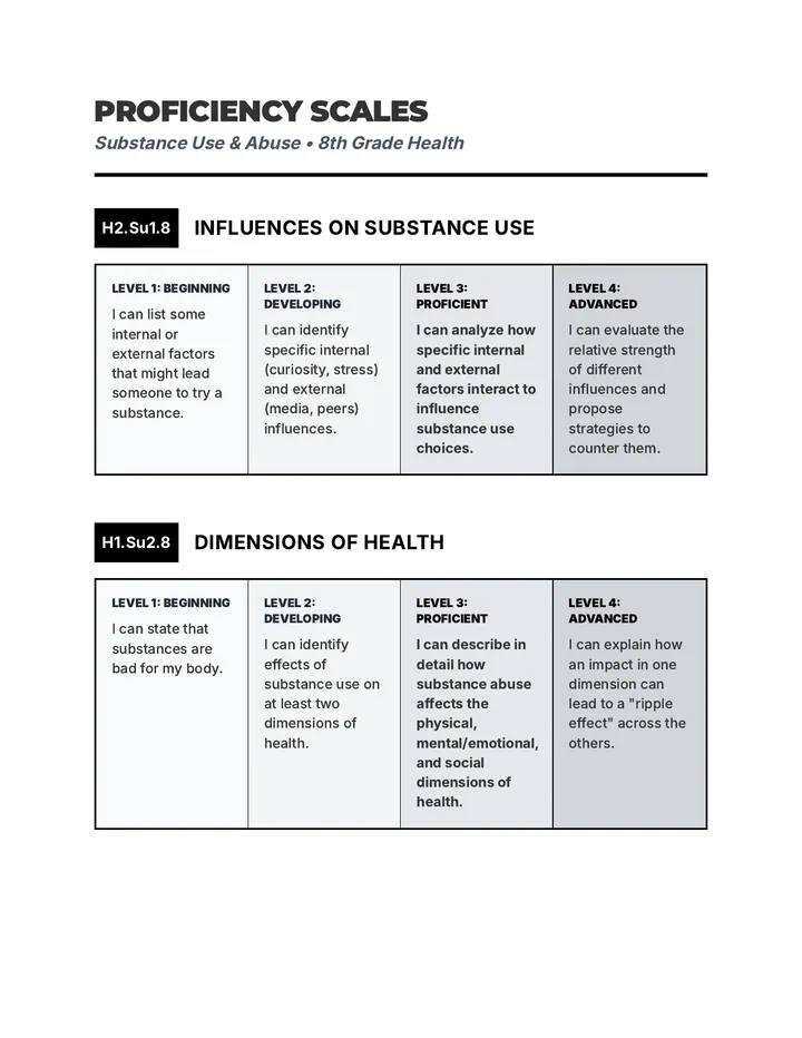 Substance Smarts Proficiency Scales Sheet