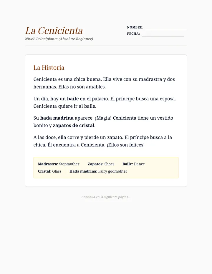 Cenicienta Beginner Worksheet