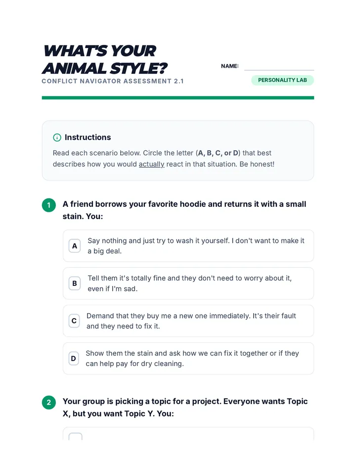Animal Styles Assessment Worksheet