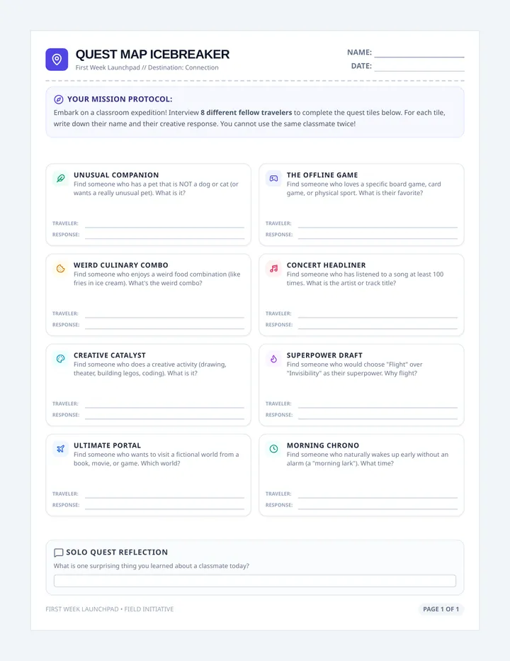 Quest Map Peer Icebreaker Worksheet