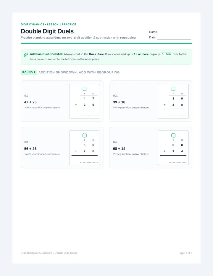 Double Digit Duels Practice Worksheet