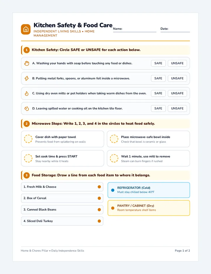 Home Care Chores Worksheet