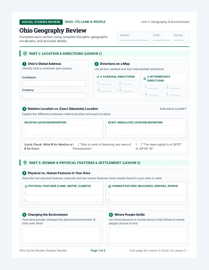 Ohio Geography Review Worksheet