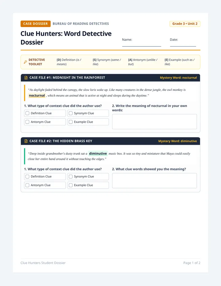 Clue Hunters Detective Dossier Worksheet