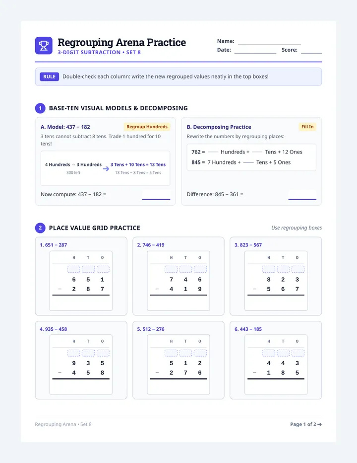 Regrouping Arena Worksheet