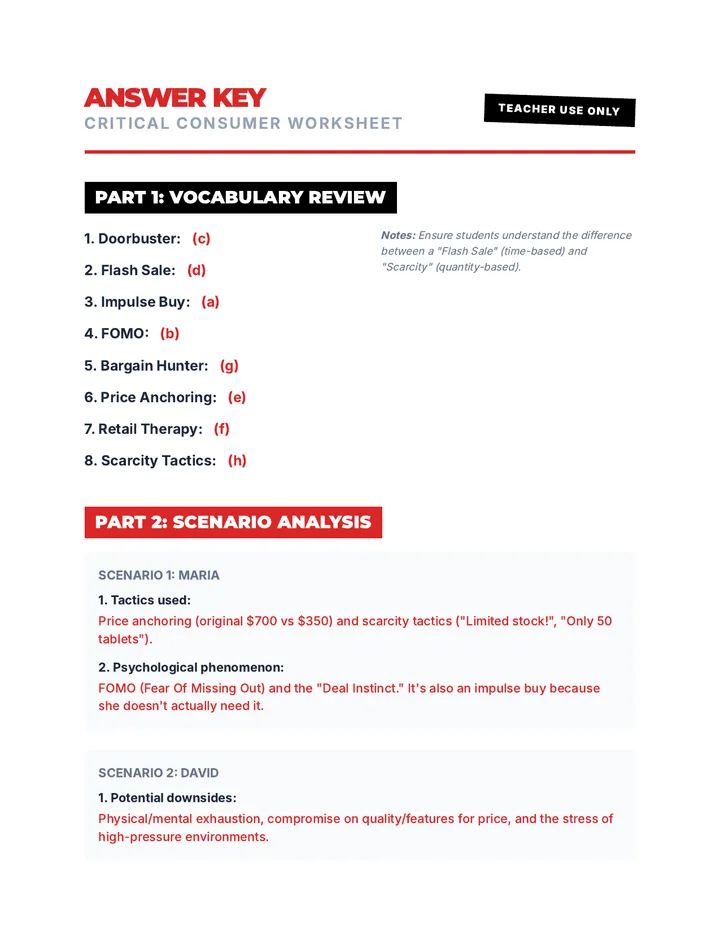 Black Friday Worksheet Answer Key