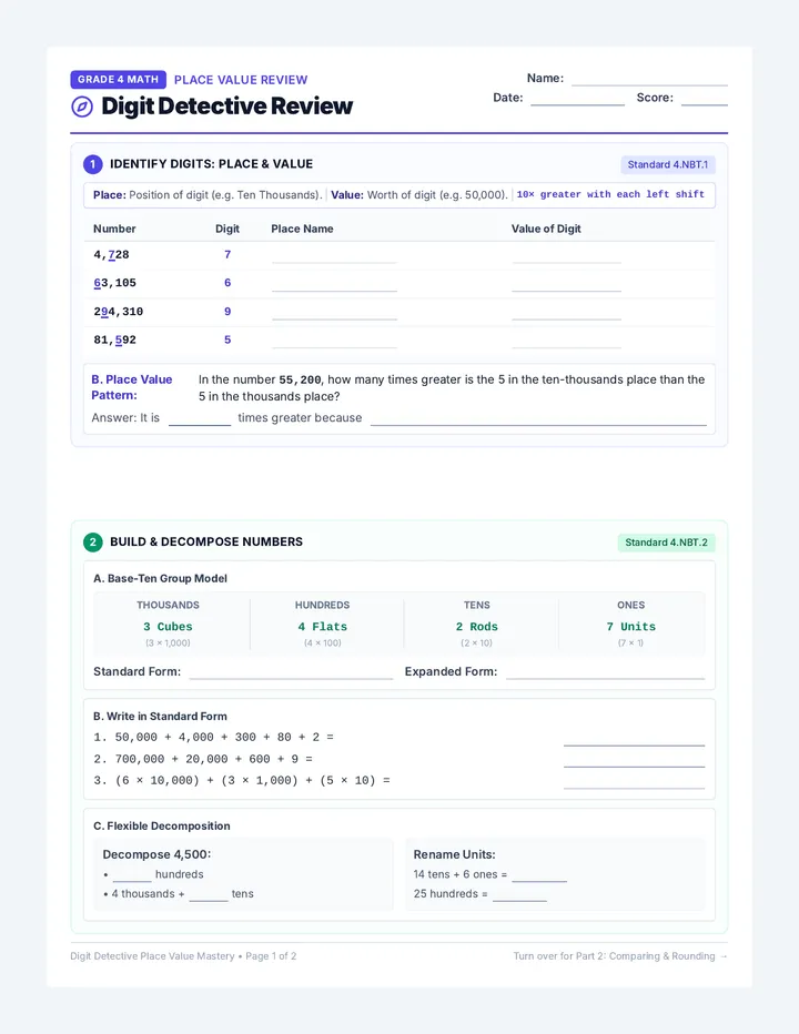 Digit Detective Review Worksheet