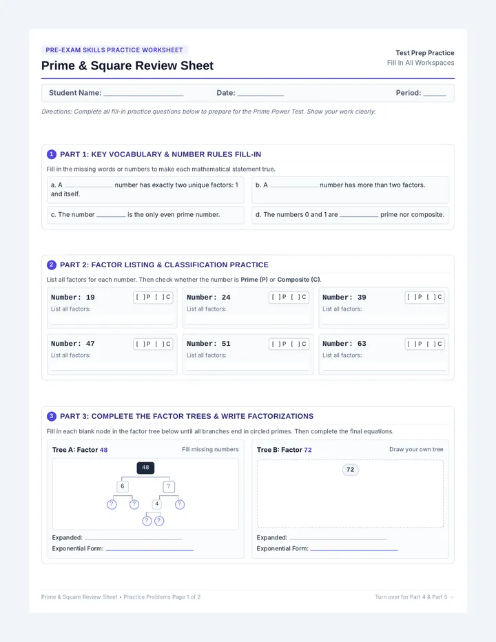 Prime and Square Review Sheet
