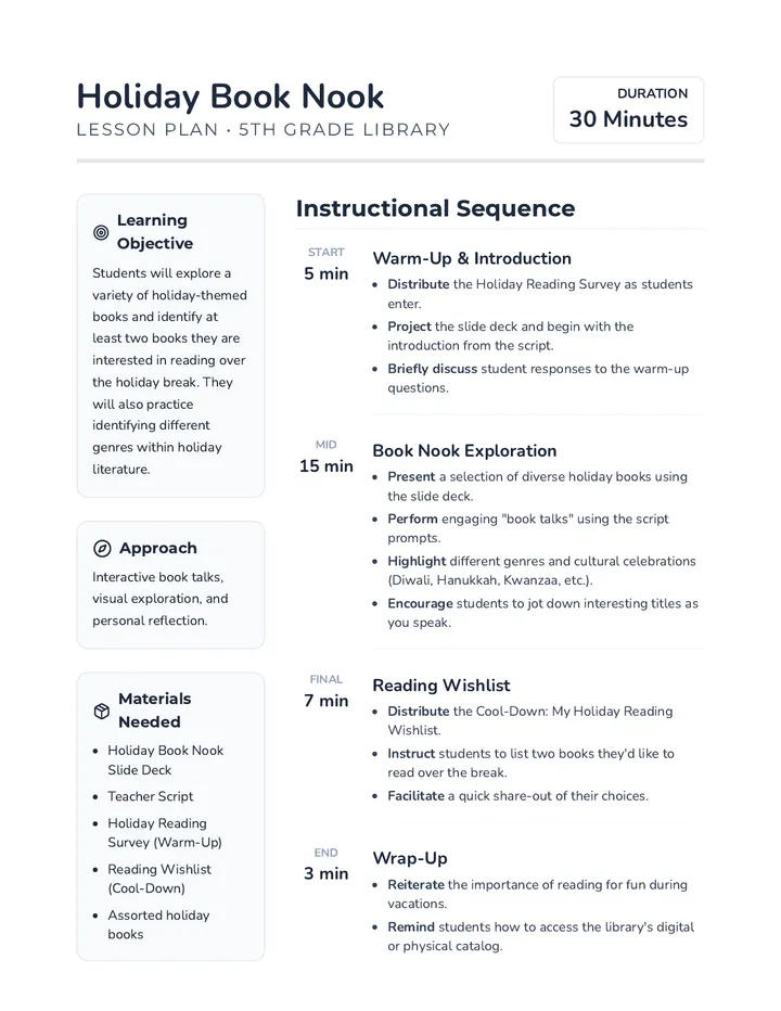 Holiday Book Nook Lesson Plan