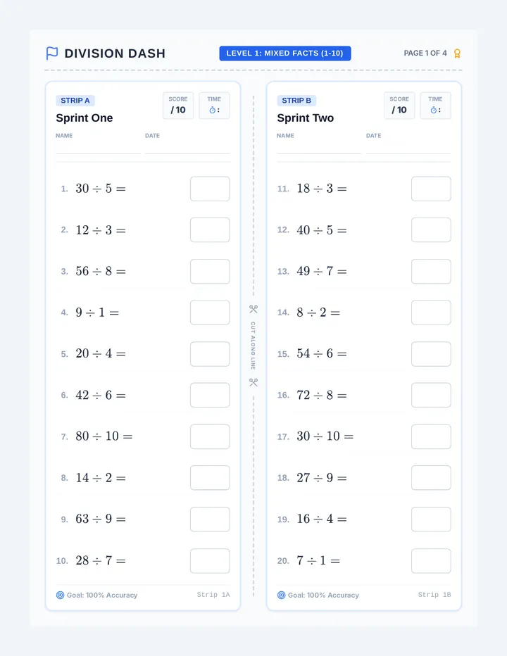 Division Dash Strip 1 Worksheet