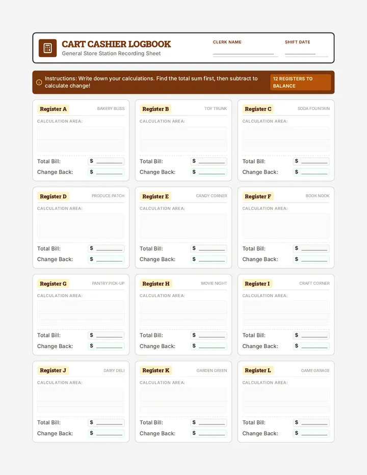 Cart Cashier Recording Sheet