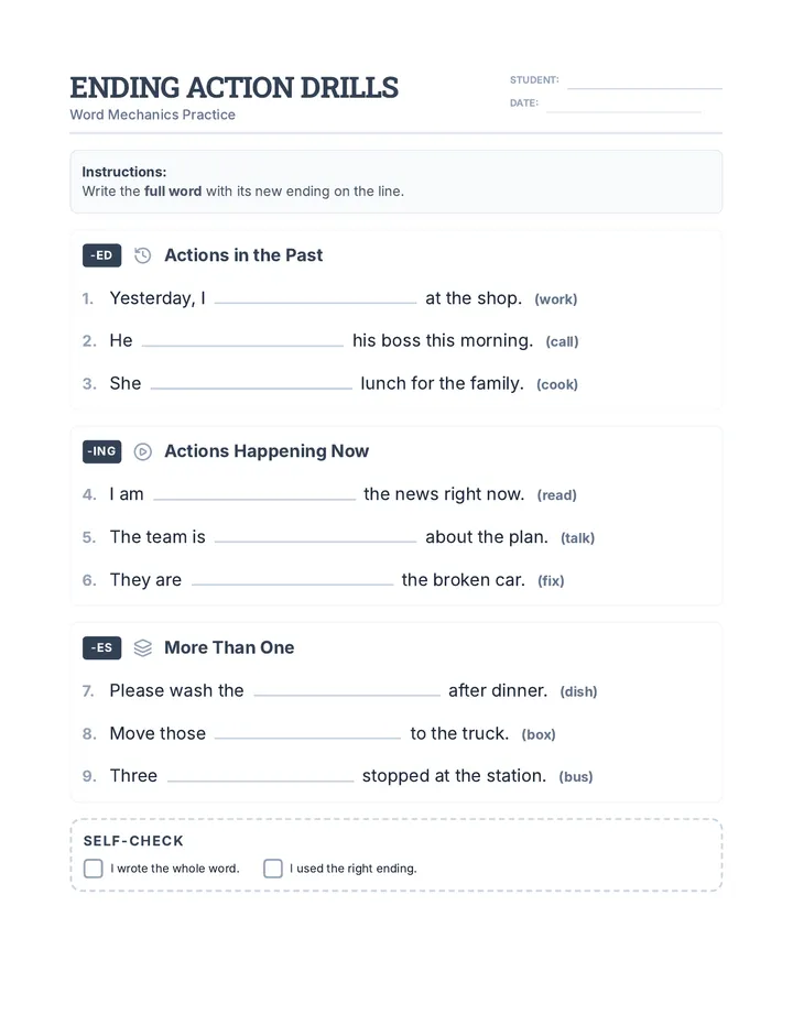 Ending Action Drills Worksheet