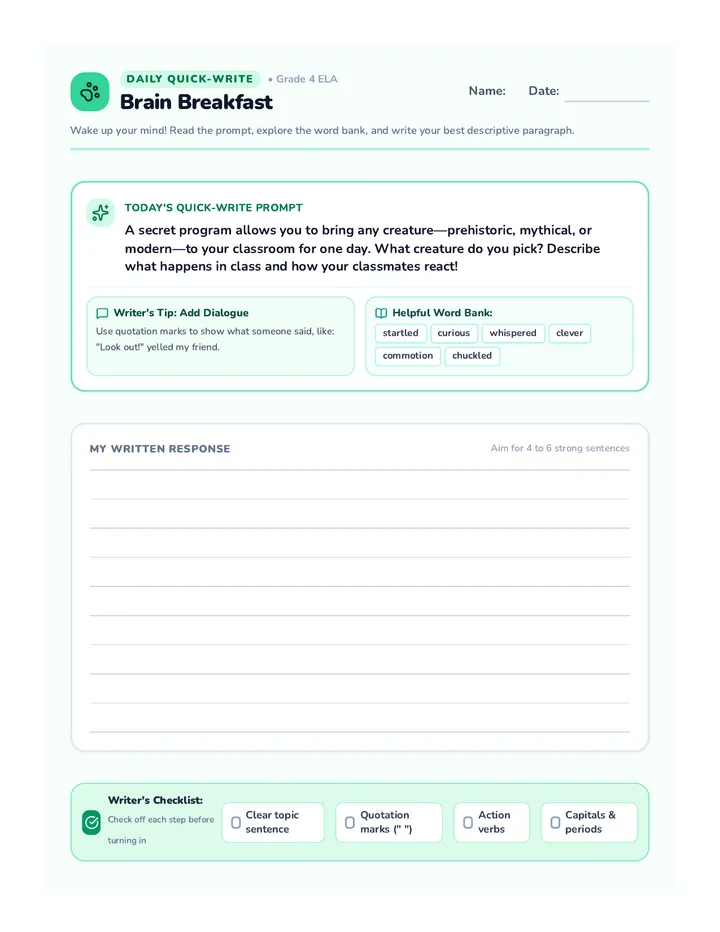 Animal Sidekick Writing Worksheet