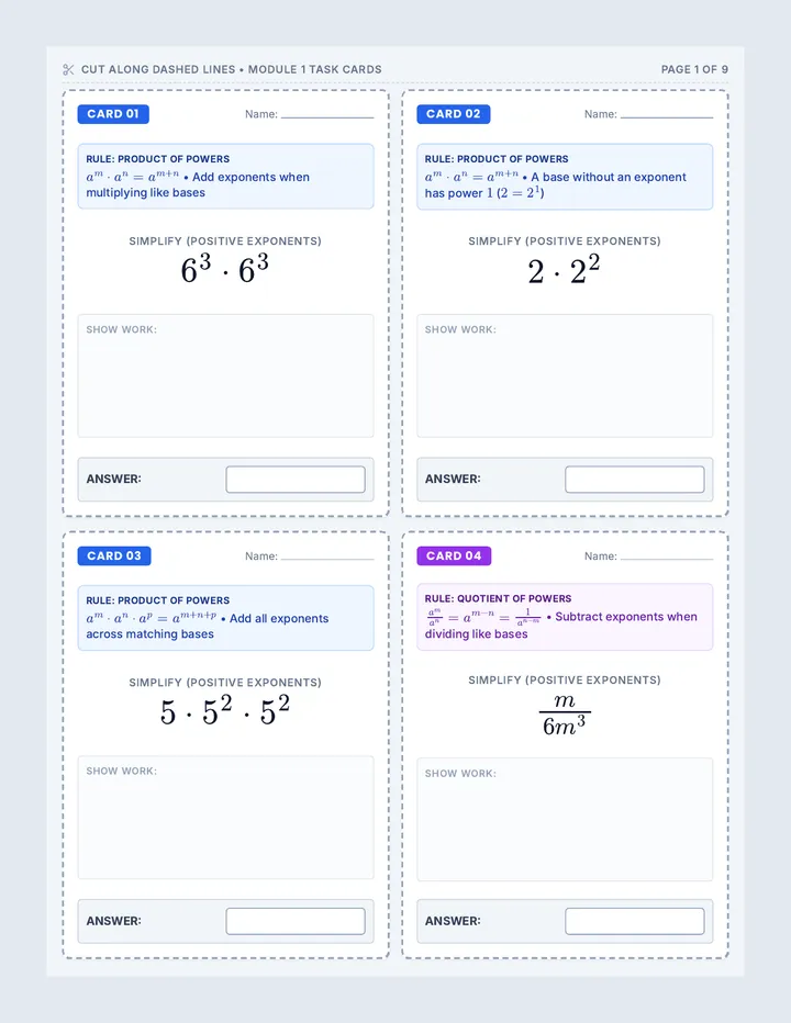 Exponent Rules Task Cards