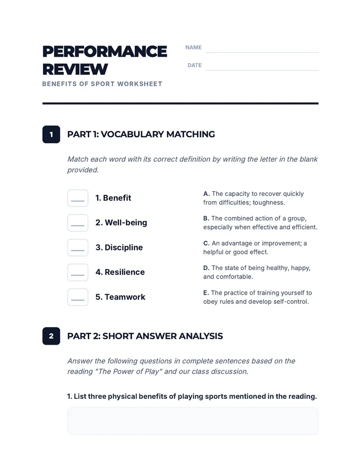 Benefits of Sport Worksheet