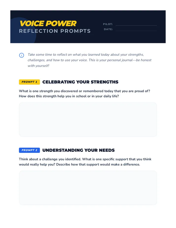 Voice Power Reflection Prompts Journal Sheet