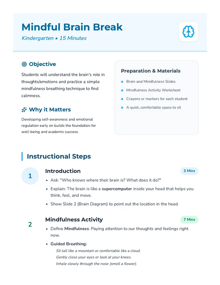 Mindful Brain Break Lesson Plan