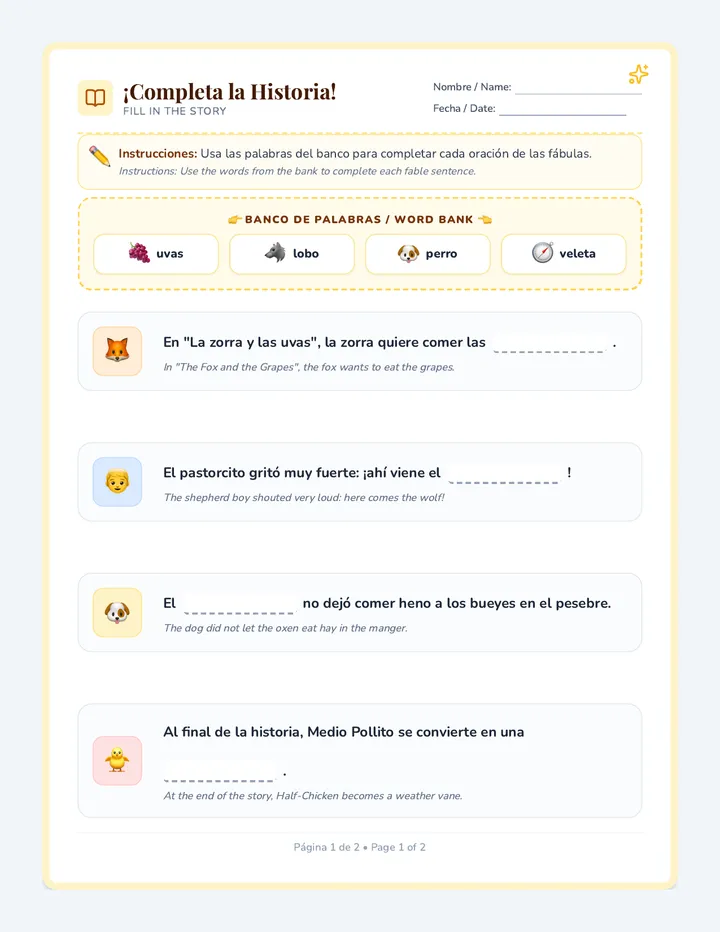 Fable Friends Worksheet