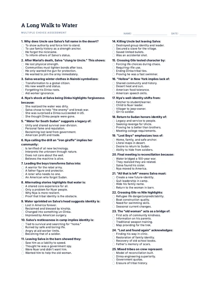 A Long Walk to Water Multiple Choice & Short Answer Dense